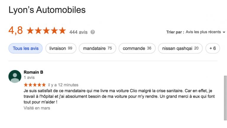 Témoignage Google de notre client Monsieur Romain B - Nous le livrerons par notre camion-mono porteur au 18.03.2020 !